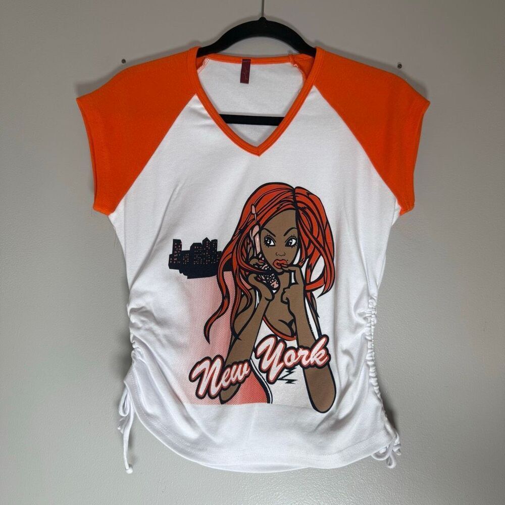 NWOT Solo Girl “New York” Graphic Ruched Side Tee – Orange & White Shirt